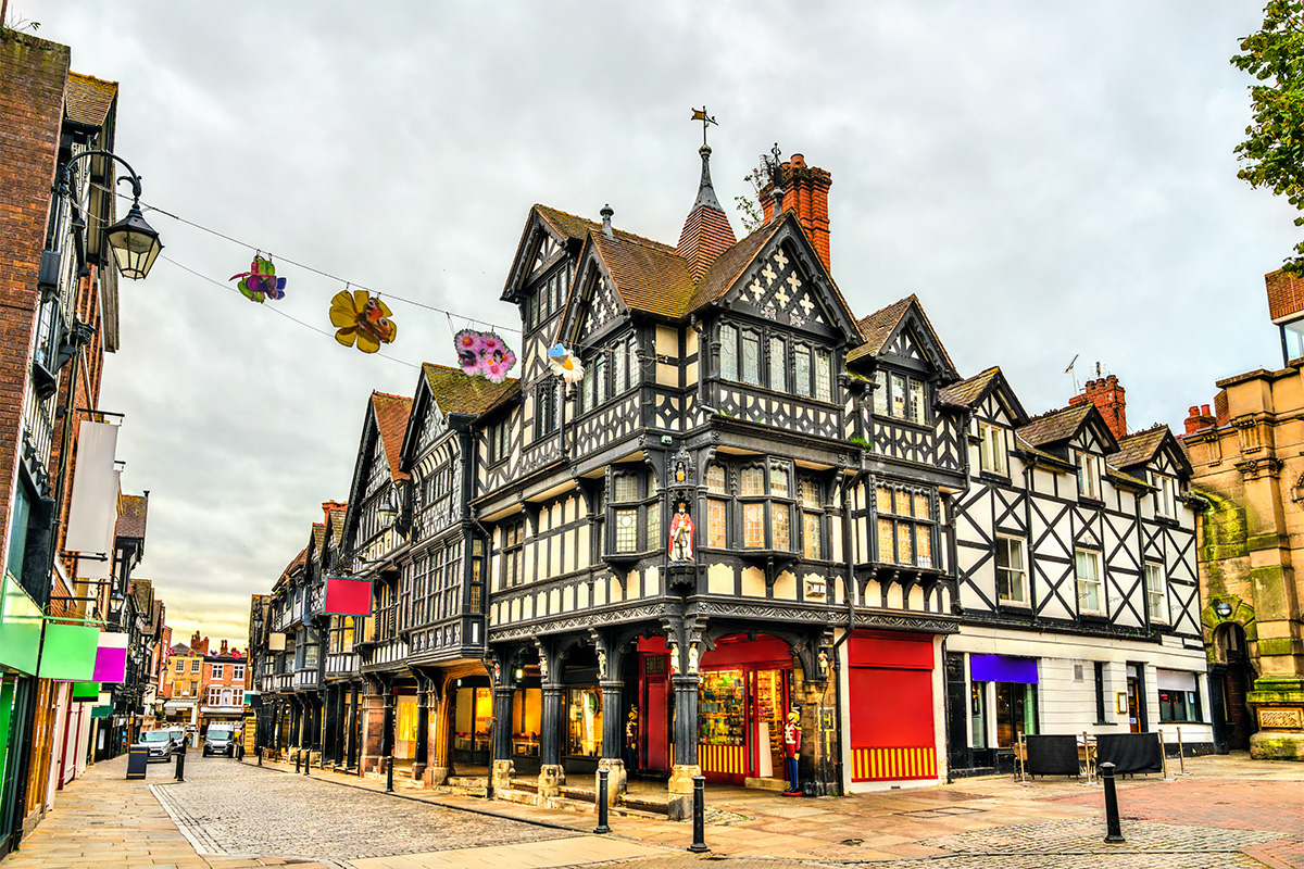 Traditional English Tudor architecture on a shopping street in the centre of the historcal city of Chester.
