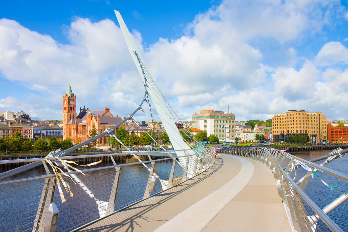 View across the Peace Bridge in the City of Derry/Londonderry in Northern Ireland.