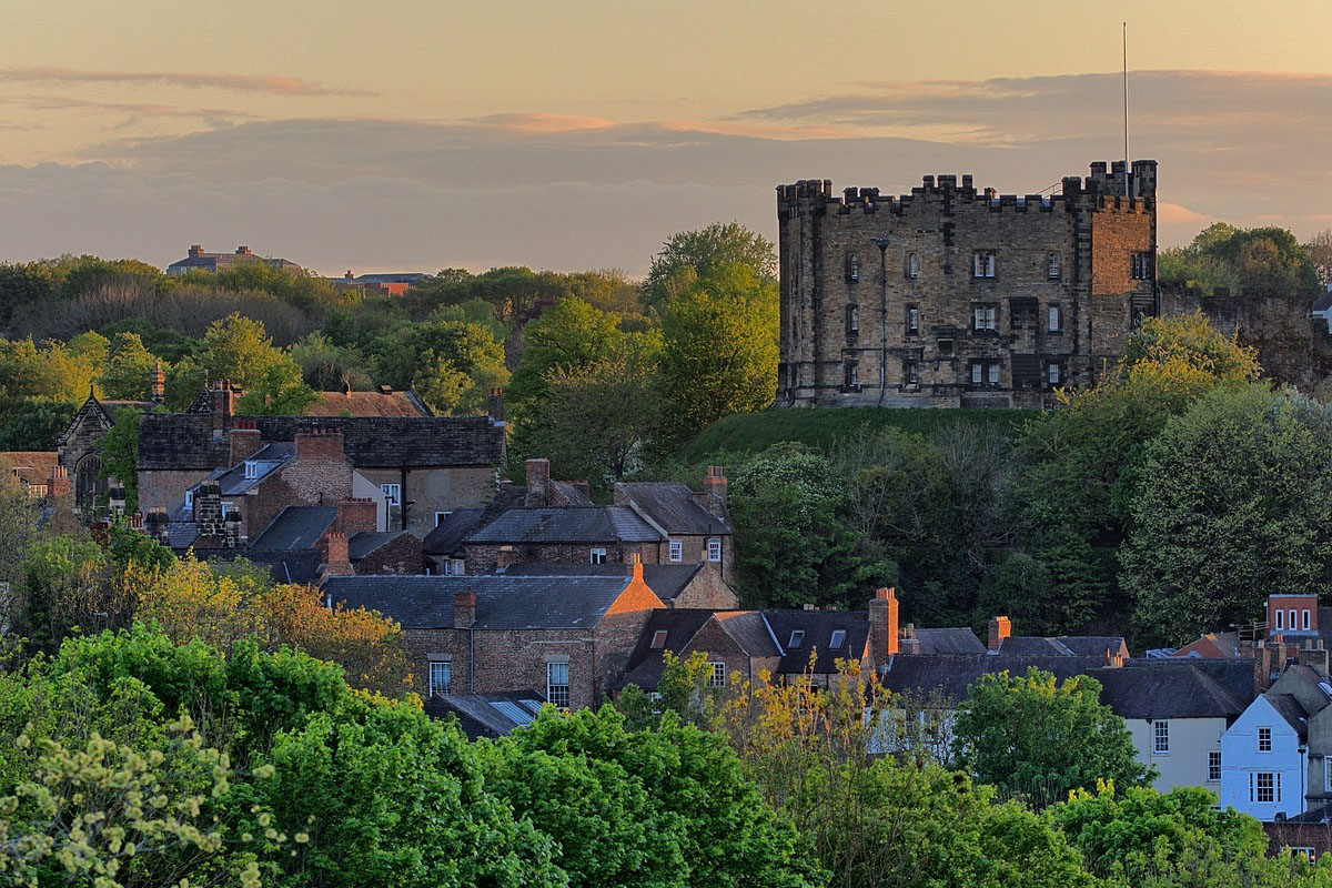 View over the rooftops of Durham towards Durham Castle.