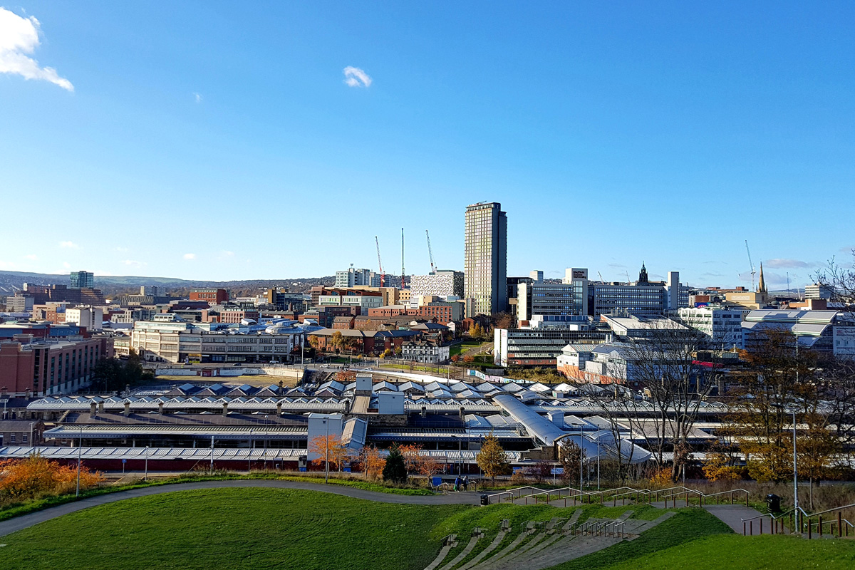 The skyline of the city of Sheffield on a clear summer day. Photograph taken from Sheffield Amphitheatre.